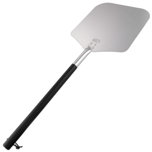 Silver pizza peel with black handle and metal rivets.