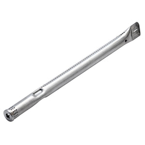 Stainless steel gas grill burner tube with vent holes, rectangular mounting end, and cylindrical shape.