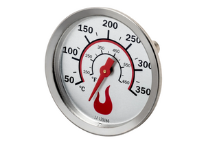 Round metal grill thermometer with red flame icon, dual Celsius and Fahrenheit scale, easy-to-read dial.