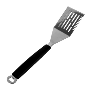 Black-handled metal spatula with slotted head.