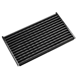 Black metal grill grate with parallel bars, rectangular shape, ideal for BBQ or grilling. Durable and easy to clean.
