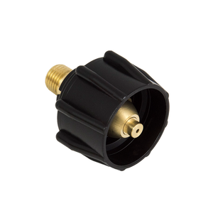 Black plastic adapter with gold threaded ends.