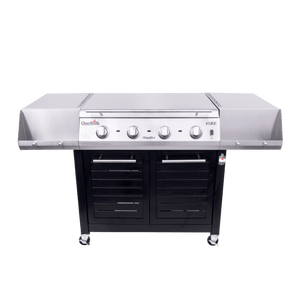 Silver Char-Broil Vibe electric grill with four burners and black storage cabinet.