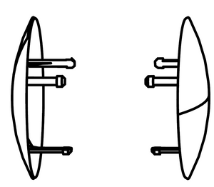 Two oval-shaped objects with three protruding bolts each, shown from side and front views. Simple black line drawing.