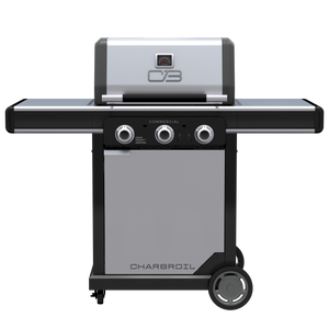 Silver Char-Broil commercial-grade gas grill with three control knobs and side shelves.