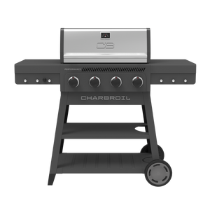 Black Char-Broil Performance Series gas grill with four control knobs and wheels.
