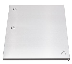 Stainless steel grill lid with two knobs and flame logo, smooth surface, rectangular shape.