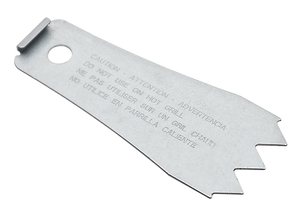 Metal grill grate removal tool with jagged edge and caution text; flat, silver, easy-grip design with hanging hole.
