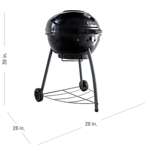 Black Char-Broil kettle charcoal grill, 39 inches tall and 26 inches wide, with wheels and bottom storage shelf.