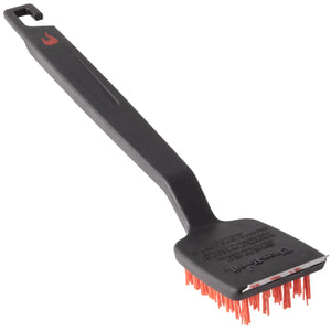 Black grill brush with red bristles and handle hook.
