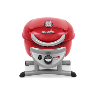 Red Char-Broil Patio Bistro TRU-Infrared gas grill with temperature gauge and control knob, front view.