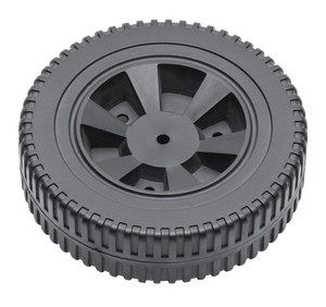 Black plastic gear wheel with deep treads and central mounting hole, suitable for robotics or toy vehicles.