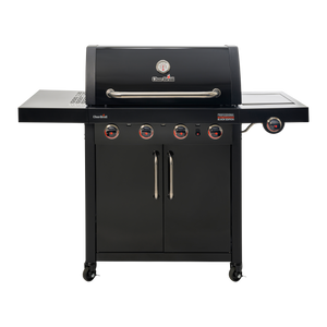 Char-Broil Professional Black Edition gas grill with four burners, side burner, and storage cabinet on wheels.
