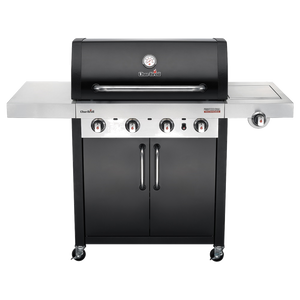 Char-Broil 4-burner gas grill with side burner, stainless steel shelves, and storage cabinet.
