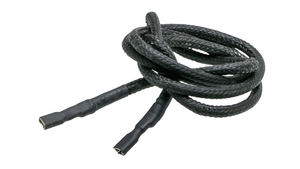Black braided ignition wire with heat-shrink ends, coiled. Durable, flexible for automotive or electrical use.