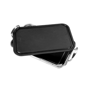 Black rectangular metal container with lid and handles, branded with "GF" logo.