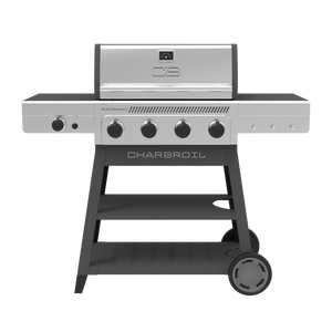 Silver Char-Broil Performance gas grill with four burners and wheels.
