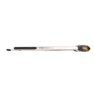 Char-Broil stainless steel grilling tongs with black grip, ideal for handling food on the grill.