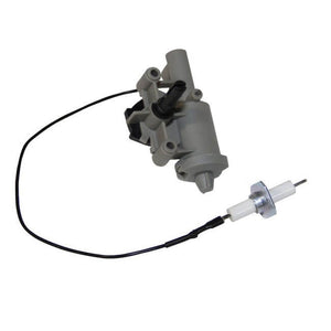 Gray gas valve with attached black wire and white ignition electrode for appliance or furnace use.