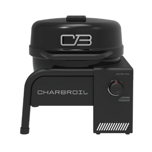 Char-Broil Bistro Pro tabletop grill, black, with control knob and sturdy legs. Compact and sleek design for easy grilling.