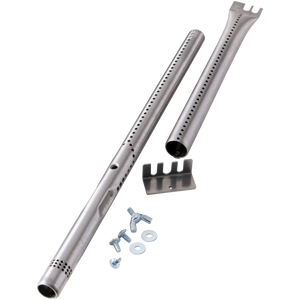 Silver stainless steel barbecue burner kit with mounting bracket and screws.