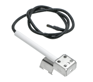 Ceramic igniter with metal mounting bracket and black insulated wire for gas appliances.