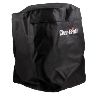 Black Char-Broil grill cover with logo, designed to protect grills from weather and outdoor elements.