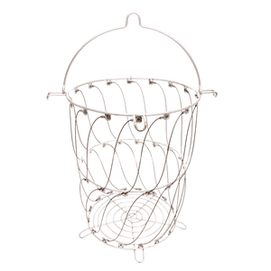 Silver wire basket with a round base, spiral sides, and a curved handle. Ideal for holding or carrying items.