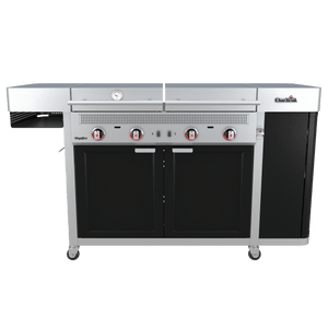 Silver Char-Broil outdoor kitchen with built-in grill and storage.