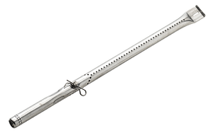 Long metal gas burner tube with small holes along its length and a securing clip, used for grills or stoves.