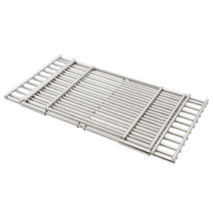 Silver rectangular metal grill grate with parallel rods.