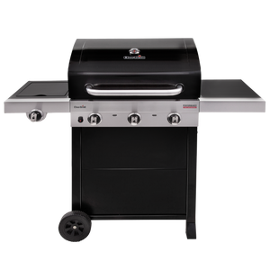 Char-Broil Performance gas grill with three burners, side burner, and side shelf, shown with closed lid.