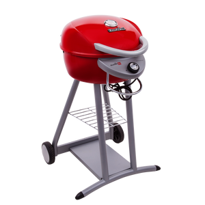 Red Char-Broil electric patio grill with lid, control knob, wheels, and lower storage rack.