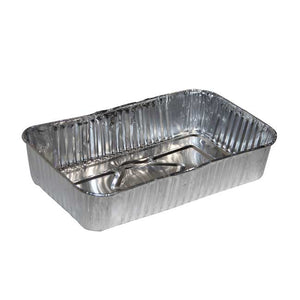 Rectangular disposable aluminum baking pan with raised edges and a patterned base. Ideal for cooking or serving food.