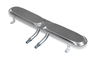 Silver gas burner with multiple ports and mounting brackets.