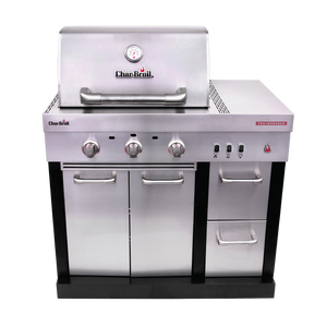 Silver Char-Broil Tru-Infrared gas grill with three burners and storage compartments.