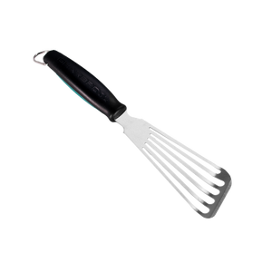 Black-handled Char-Broil spatula with four tines.