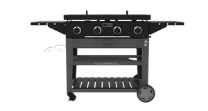 Black Char-Broil gas grill with four burners and side shelves.