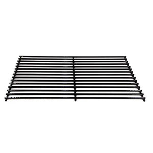 Black metal grill grate with parallel bars, ideal for BBQs or ovens. Rectangular and sturdy for cooking or cooling.