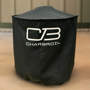 Black Char-Broil grill cover protects a round grill; features large white Char-Broil logo on the front.