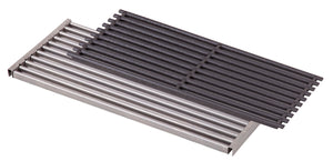 Stainless steel and black cast iron grill grates for outdoor cooking.
