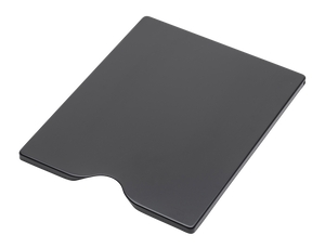 Black rectangular cutting board with a curved notch for easy grip, smooth surface, ADA-optimized for kitchen use.