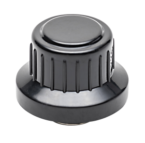 Black plastic control knob with textured sides and a flat top, suitable for electronic devices or appliances.