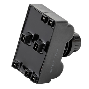 Black plastic gas valve control module with multiple connector ports and a round adjustment knob on the side.