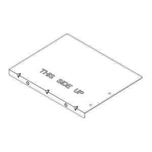 Flat metal plate with "THIS SIDE UP" text, three triangular tabs, and two round holes for mounting or alignment.