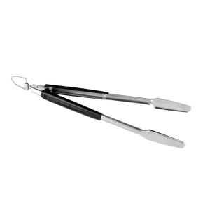 Silver Char-Broil tongs with black grip and hanging loop.