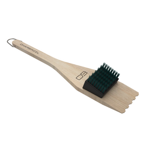 Wooden grill brush with nylon bristles and a Char-Broil logo, designed for safe and effective grill cleaning.