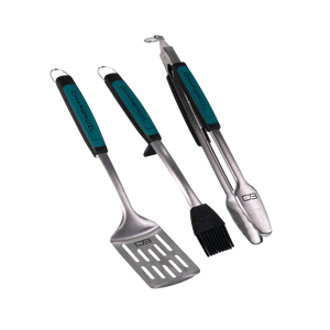 Set of Char-Broil stainless steel grilling tools with teal handles.