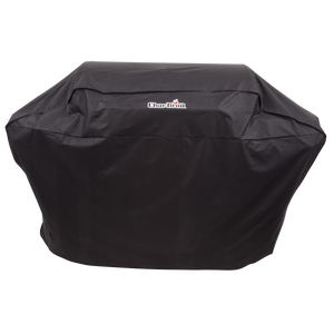 Black Char-Broil grill cover with brand logo.