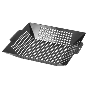 Black perforated metal vent or grille with angled design.